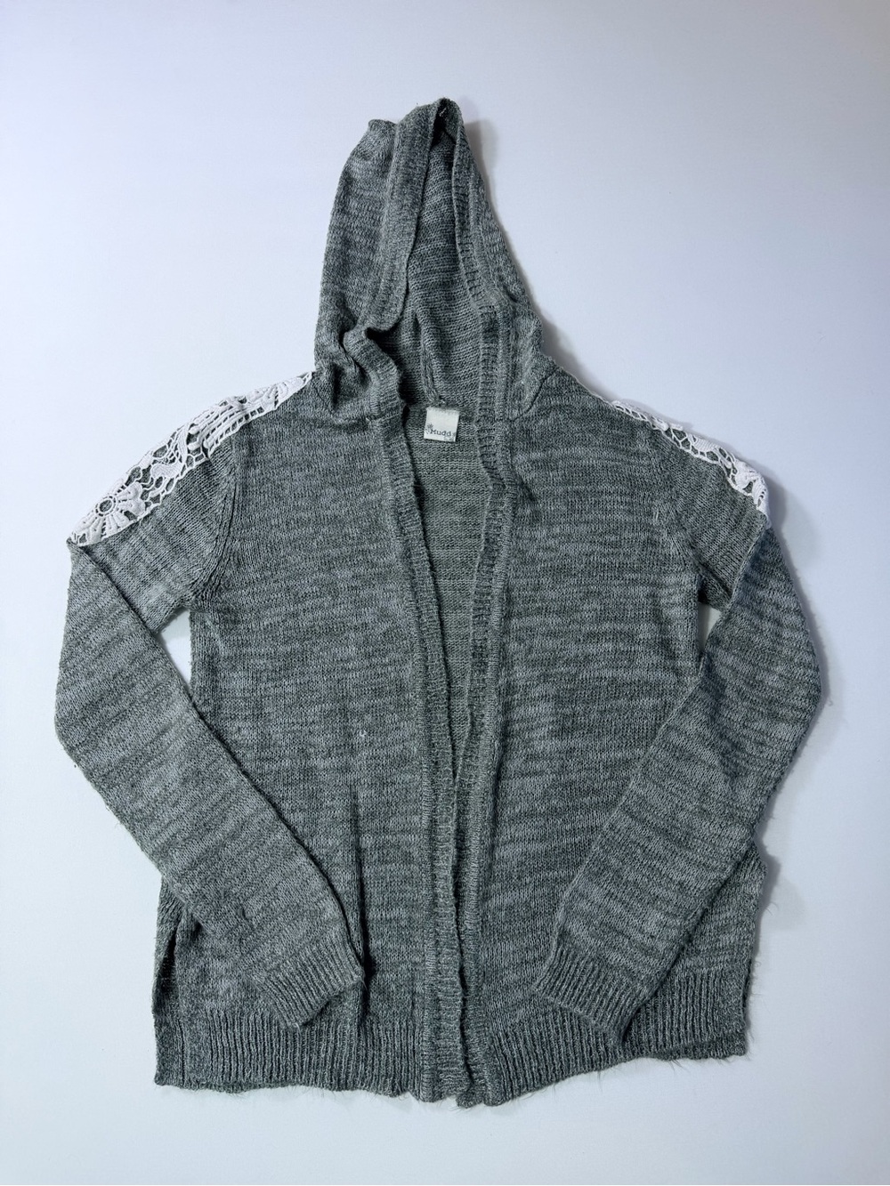 Mudd Women’s Hooded Sweater Gray & White Open Front Knit Long Sleeve Sz Small